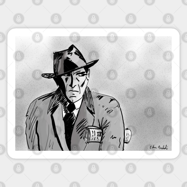 Film Noir Character with Hat, Coat and Paper on a Grey Day Sticker by ibadishi